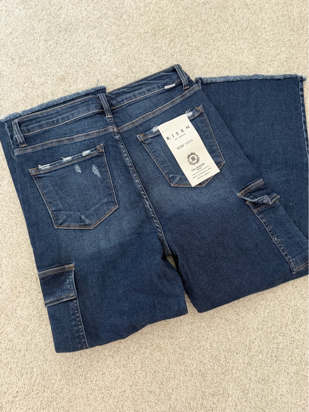 Risen Dark Indigo Cropped Cargo Jeans with Frayed Hem - Picture 5 of 7
